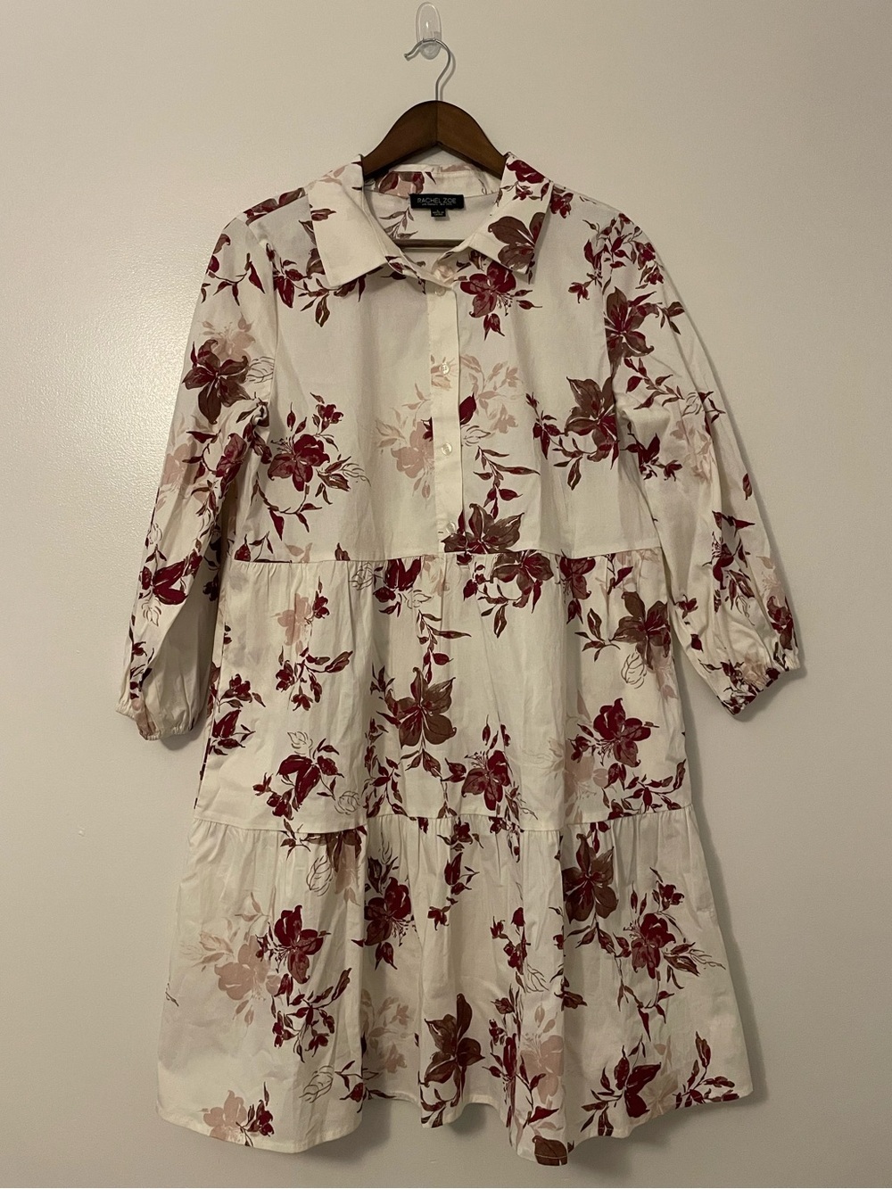 Rachel Zoe Cotton Blend Babydoll Button Down White and Pink Floral Mini Dress